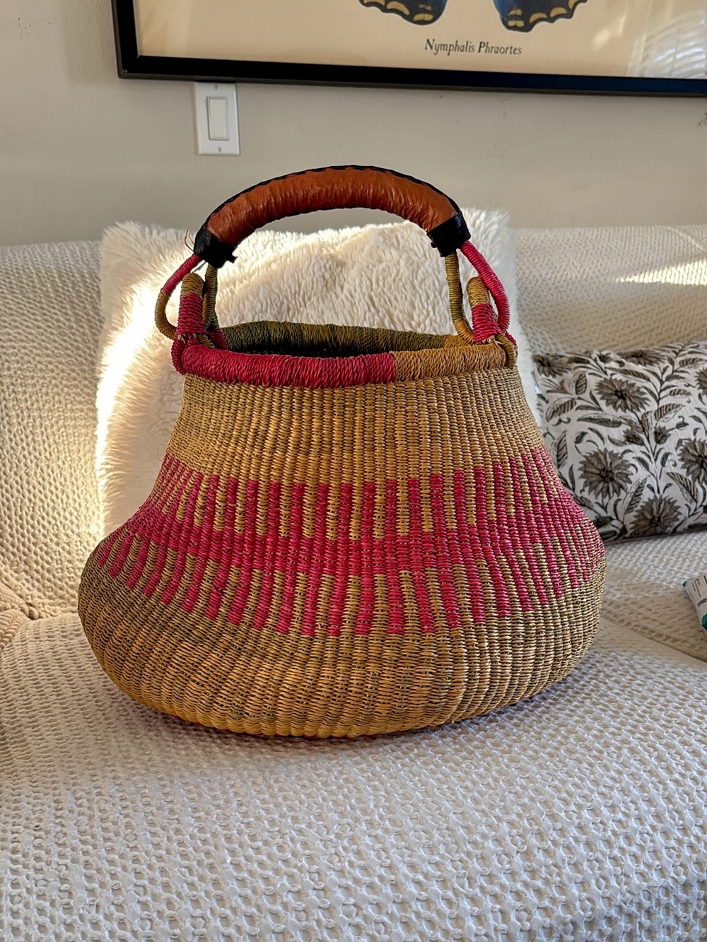 Handwoven Pink Accent Bolga Basket Tote